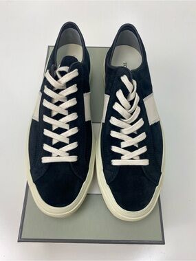 Tom Ford Black Suede Sneakers with White Stripe and Laces